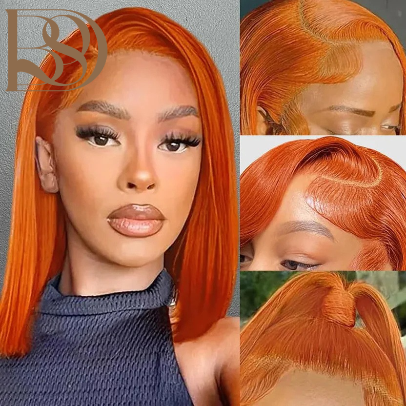 Orange Bob Wig Human Hair 13x4 HD Lace Front Wigs Human Hair Pre Plucked with Baby Hair 180% Density 350# Colored For Women