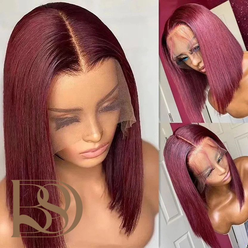99J Burgundy Straight Short Bob Wig 13x4 Transparent Lace Frontal Wig 100% Brazilian Human Hair Wig 180 Density For Women