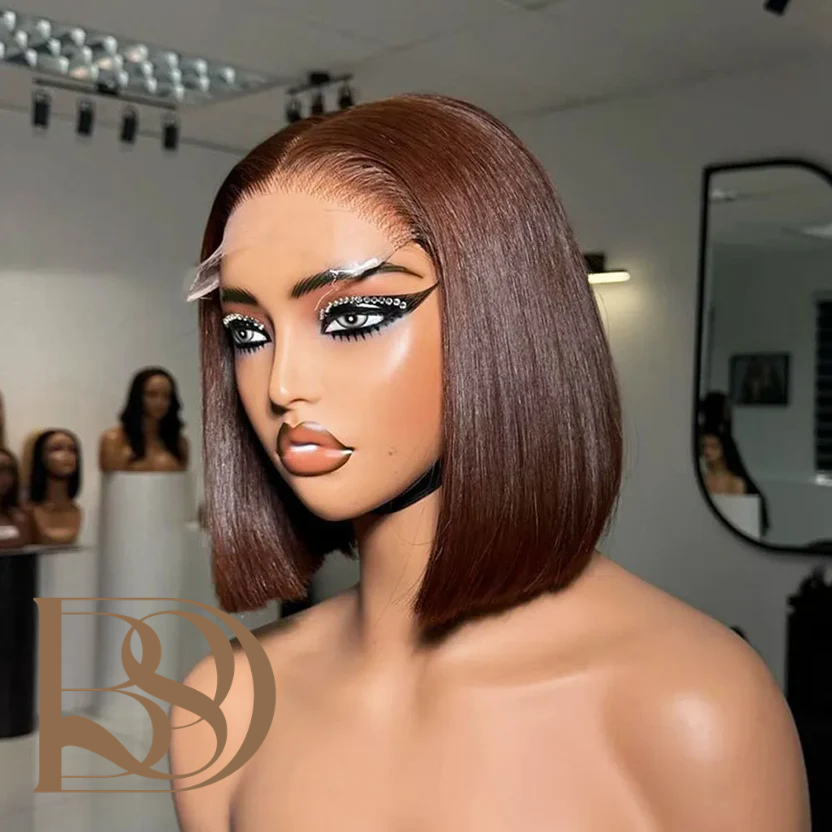 4# Chocolate Brown Bob Wig Human Hair 13x4 HD Transparent Frontal Lace Wig Short Bob Wig Lace Front Wigs With Baby Hair