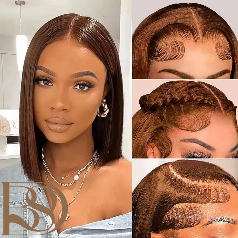 13X4 Bob Wig Bone Straight Bob Wig Lace Front Human Hair Wigs For Women Transparent Lace Frontal Wig 4# Chocolate Brown