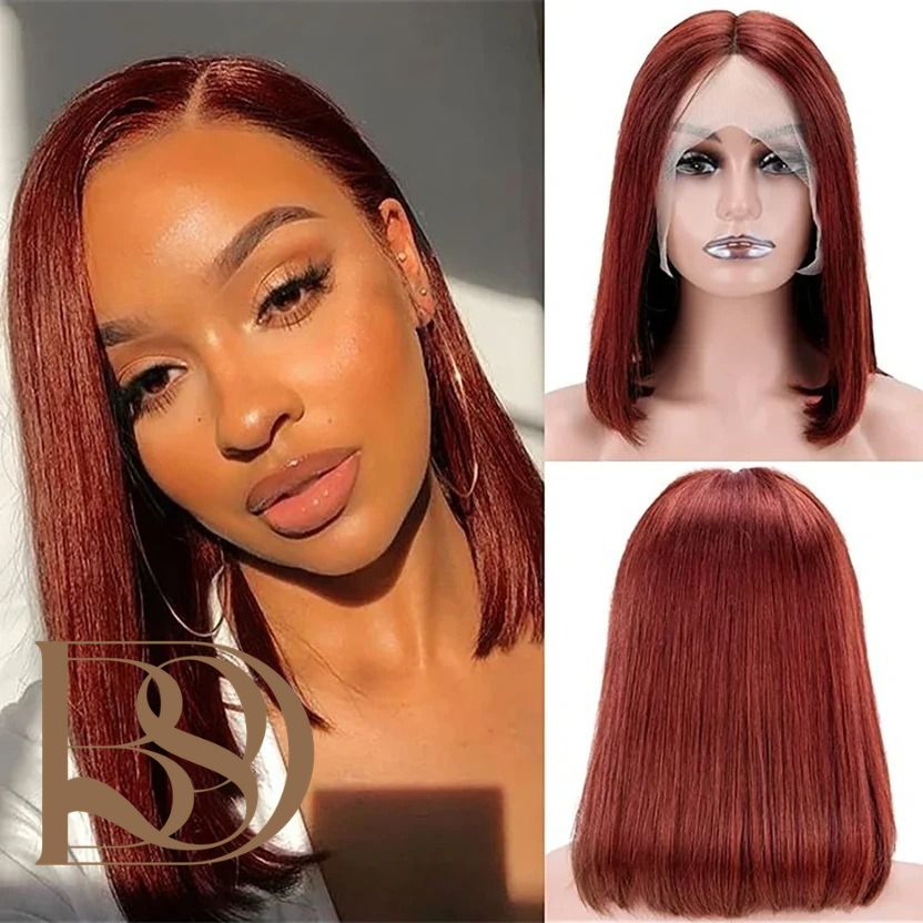 Reddish Brown Bob Human Hair Wig 13x4 HD Transparent Lace Frontal Wig Straight 33# Bob Wig 2x6 4x4 HD Lace Closure Wig 8-14 Inch