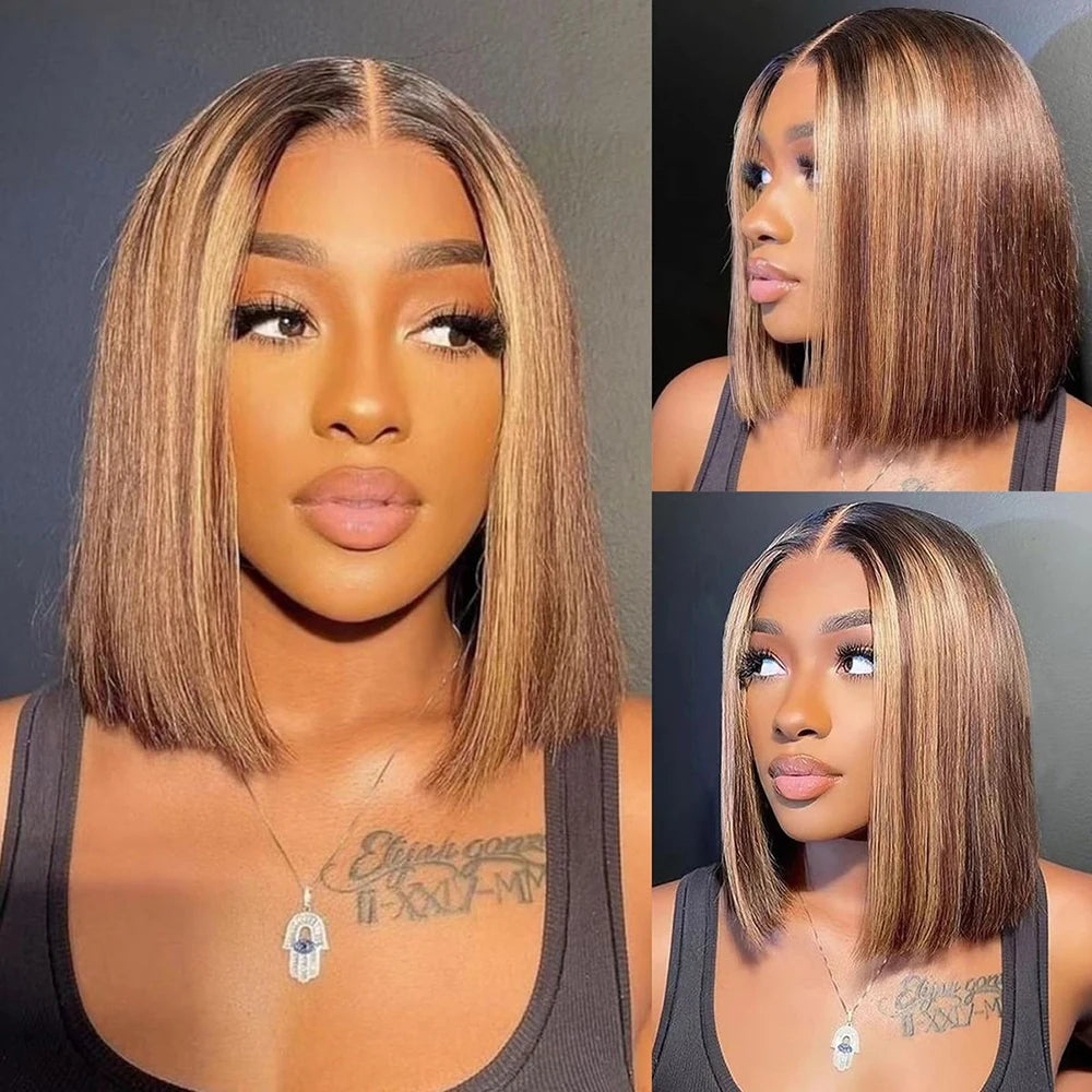Highlight Bob Human Hair Wig 13x4 HD Transparent Lace Frontal Wig Straight P4/27 Bob Wig 2x6 4x4 HD Lace Closure Wig For Women