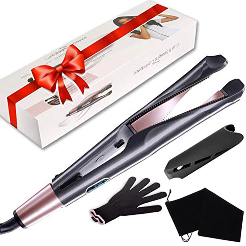 Professional Spiral Wave Curl And Straight Iron Styling Tools 2 in 1 Hair Curler & Straightener Twisted Ionic Flat Iron Styler