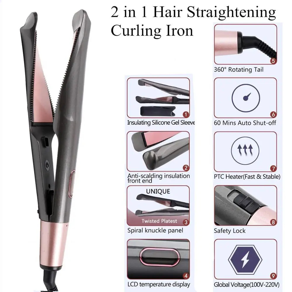 Professional Spiral Wave Curl And Straight Iron Styling Tools 2 in 1 Hair Curler & Straightener Twisted Ionic Flat Iron Styler