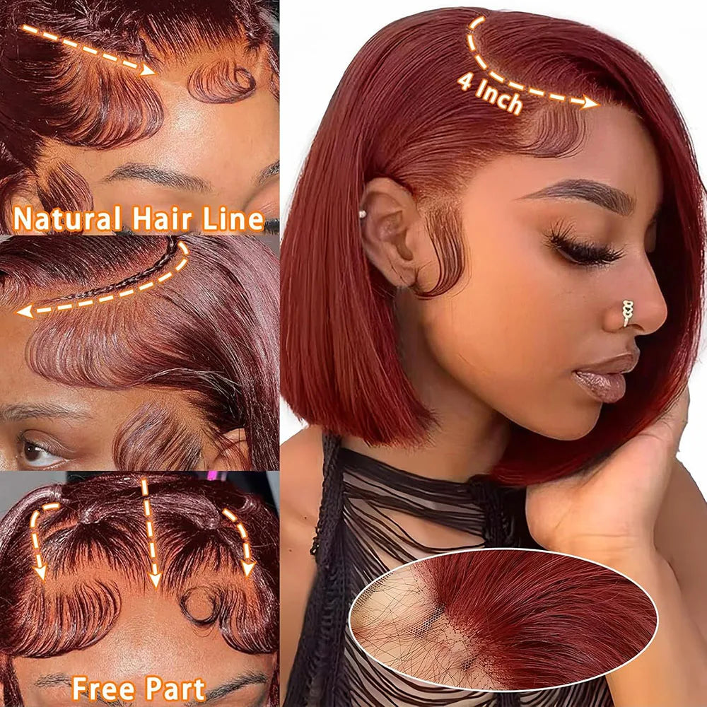 Reddish Brown Bob Human Hair Wig 13x4 HD Transparent Lace Frontal Wig Straight 33# Bob Wig 2x6 4x4 HD Lace Closure Wig 8-14 Inch