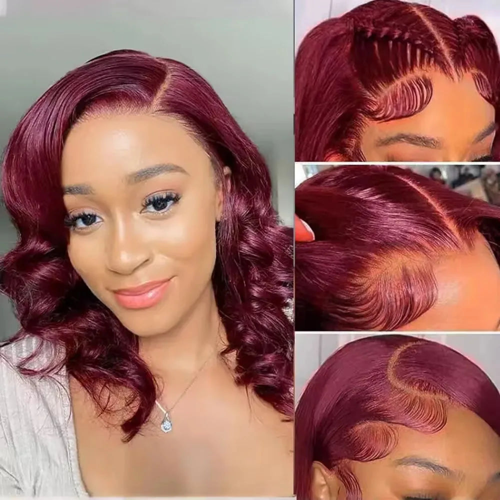 8-14 Inch 99J Burgundy Body Wave Bob Wig 13x4 Transparent Lace Frontal Wig 100% Brazilian Human Hair Wig 180 Density