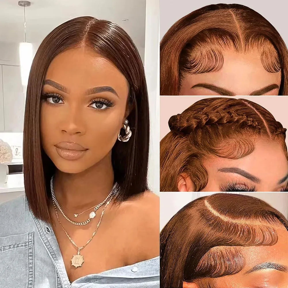 4# Chocolate Brown Bob Wig Human Hair 13x4 HD Transparent Frontal Lace Wig Short Bob Wig Lace Front Wigs With Baby Hair