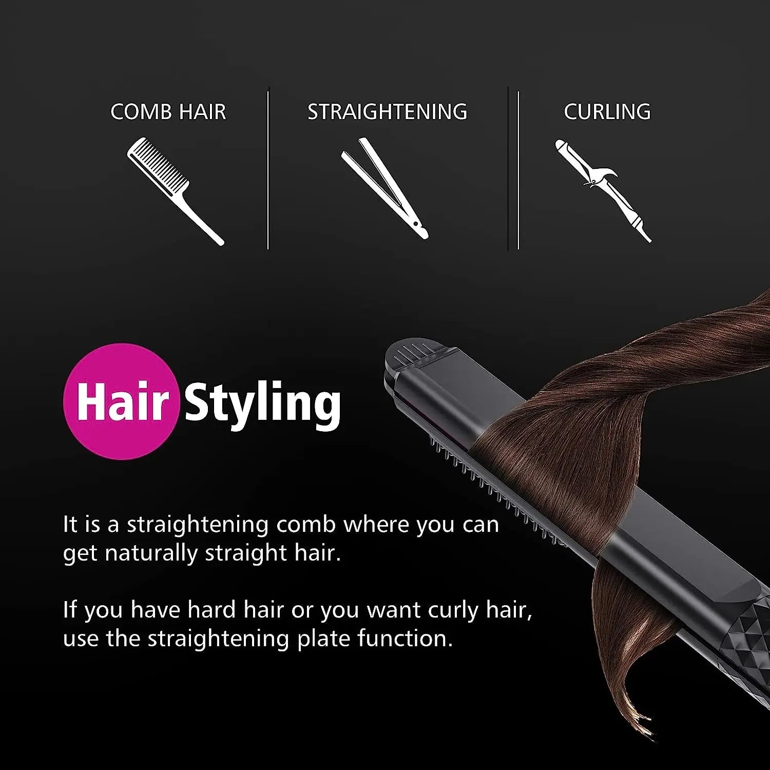 Women's 3-in-1 Hair Straightener Curling Flat Iron Electric Hot Comb Ceramic Ionic Fast Heating Hair Brush