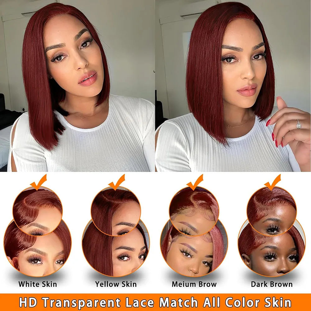 Reddish Brown Bob Human Hair Wig 13x4 HD Transparent Lace Frontal Wig Straight 33# Bob Wig 2x6 4x4 HD Lace Closure Wig 8-14 Inch