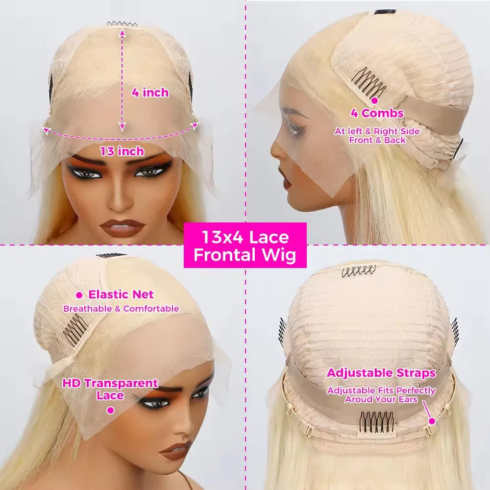 613 Blonde Bob Wig Cosplay Wig 13x4 Lace Frontal Wig Pre Plucked 100% Human Hair Wig Short Bob Wig 200% Density For Women