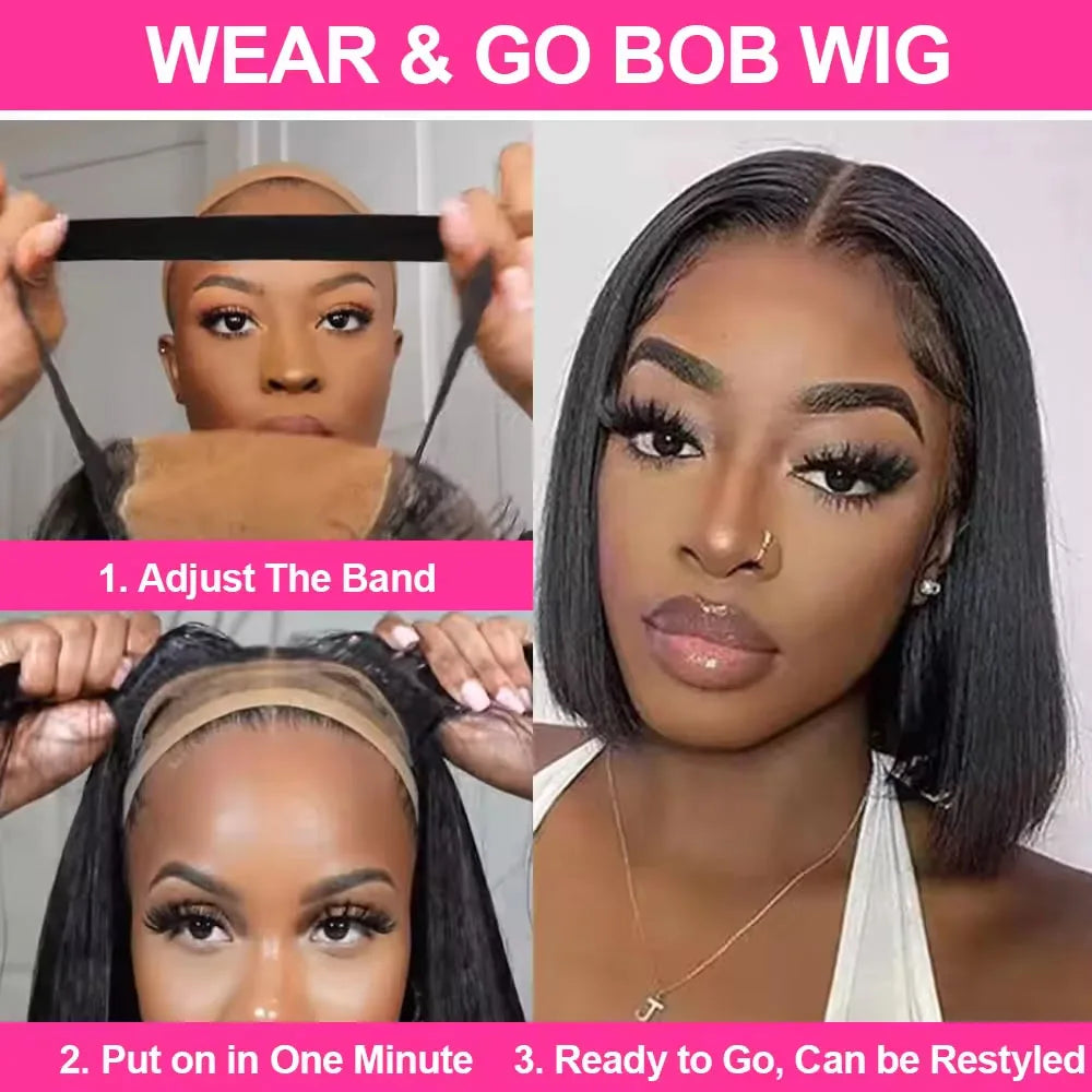 Straight Bob Wig 8-16 Inch Glueless Wig Wear And Go Bob Wigs 4x4 Lace Closure Wig 100% Human Hair Wig 200 Density For Women