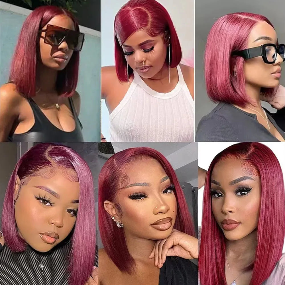 99J Burgundy Straight Short Bob Wig 13x4 Transparent Lace Frontal Wig 100% Brazilian Human Hair Wig 180 Density For Women
