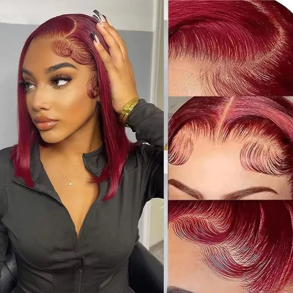 99J Burgundy Straight Short Bob Wig 13x4 Transparent Lace Frontal Wig 100% Brazilian Human Hair Wig 180 Density For Women