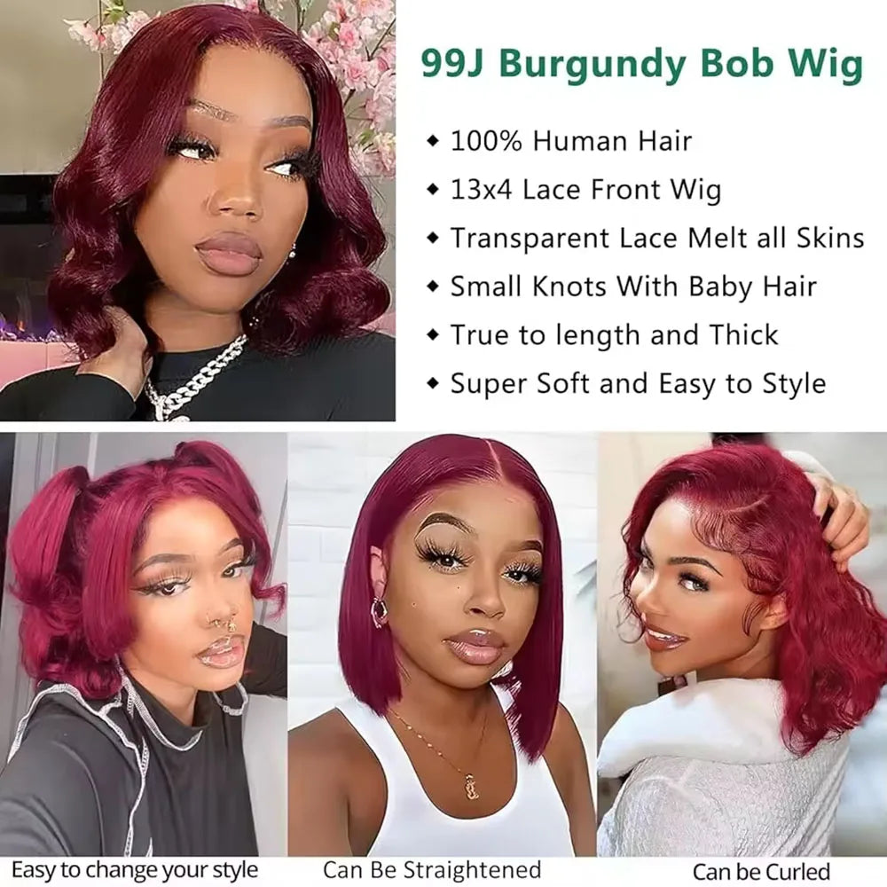 8-14 Inch 99J Burgundy Body Wave Bob Wig 13x4 Transparent Lace Frontal Wig 100% Brazilian Human Hair Wig 180 Density