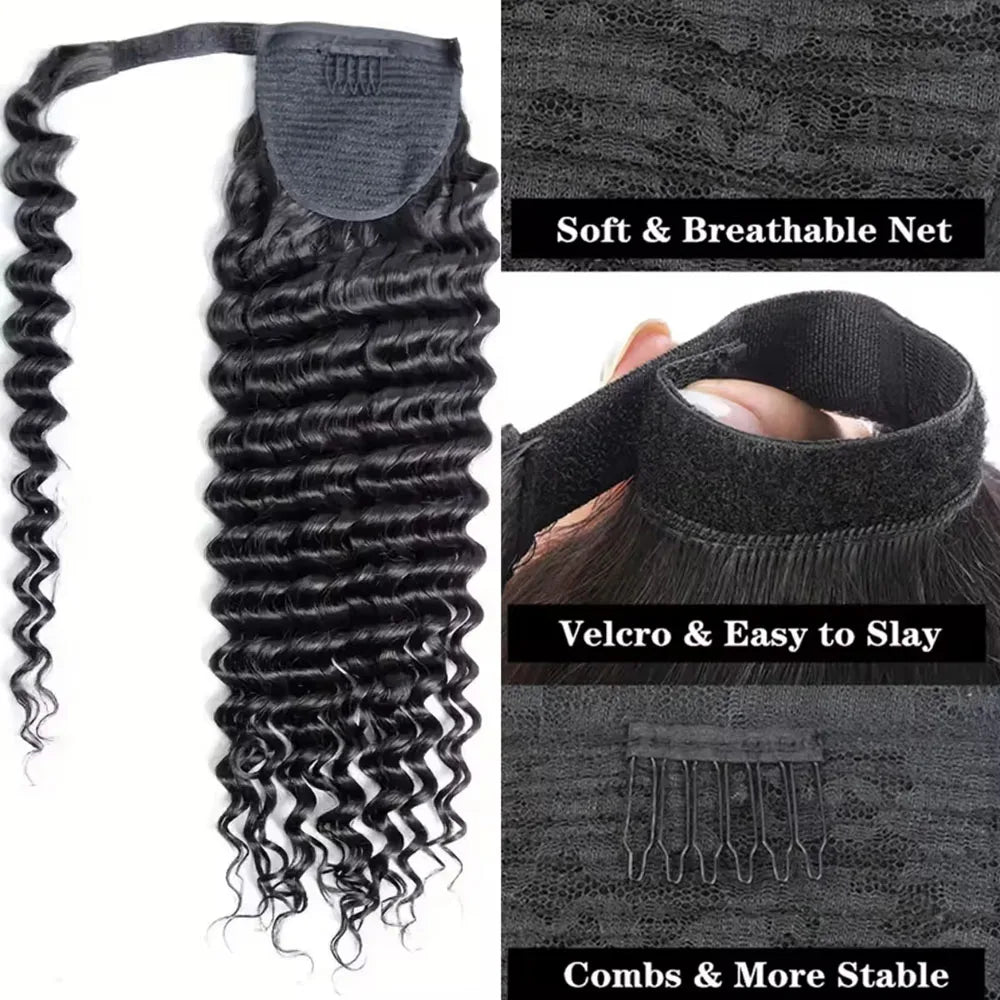 Ponytail Extension Human Hair Deep Wave Clip in Wrap Around Ponytail Add Length 8-30 Inch Deep Wave Human Hair Ponytails