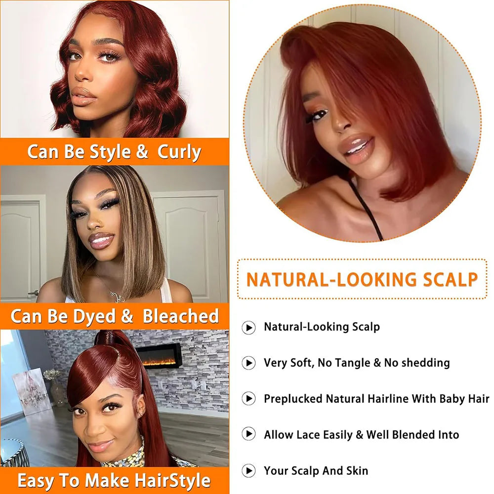 33#Reddish Brown Bob Wig Human Hair 13x4 HD Transparent Frontal Lace Wig Short Bob Wig Human Hair Lace Front Wigs With Baby Hair