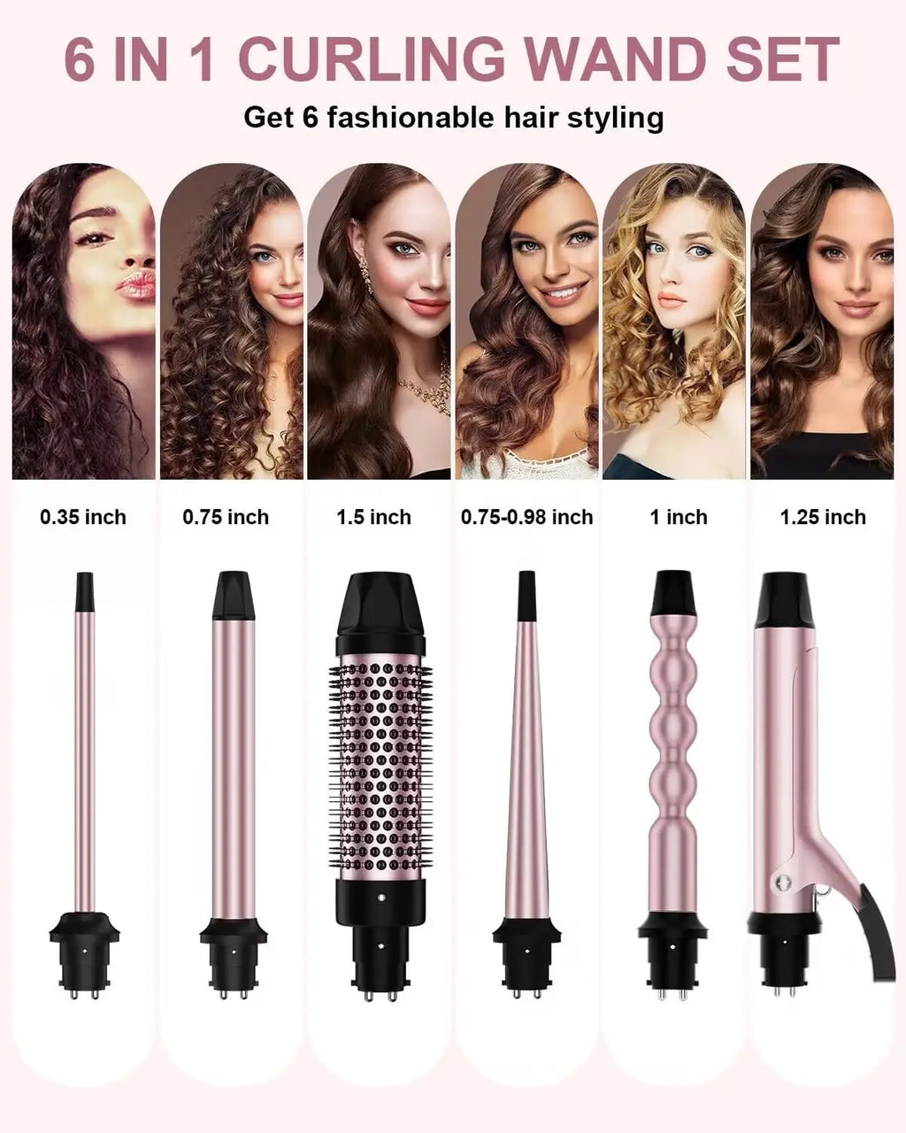 6 in 1 Curling Iron, Curling Wand Set with Thermal Brush (1.5inch) & 1inch Bubble Curling Wand and 3 Interchangeable Ceramic Bar