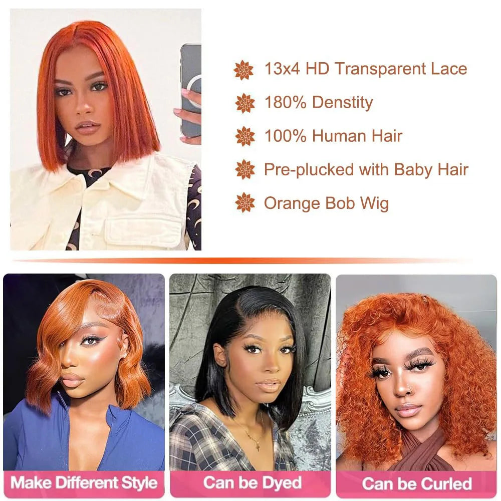 Orange Bob Wig Human Hair 13x4 HD Lace Front Wigs Human Hair Pre Plucked with Baby Hair 180% Density 350# Colored For Women
