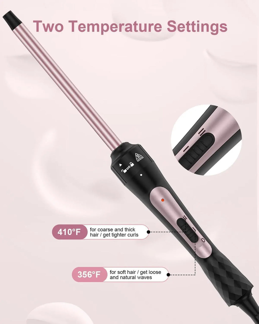 3/8 Inch Tourmaline Ceramic Curling Wand, Small Curling Iron for Short & Long Hair, 30S Instant Heat Up, 2 Temperature Settings,