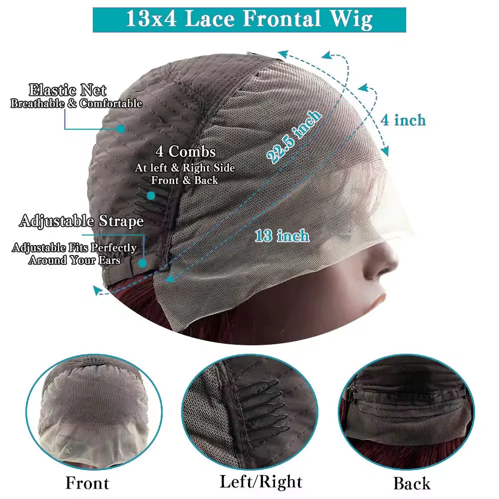 99J Burgundy Straight Short Bob Wig 13x4 Transparent Lace Frontal Wig 100% Brazilian Human Hair Wig 180 Density For Women