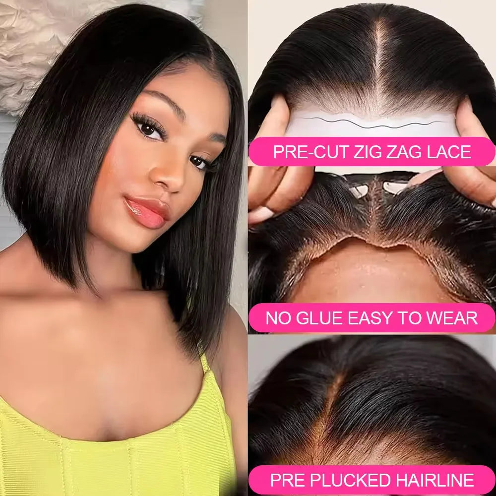Straight Bob Wig 8-16 Inch Glueless Wig Wear And Go Bob Wigs 4x4 Lace Closure Wig 100% Human Hair Wig 200 Density For Women