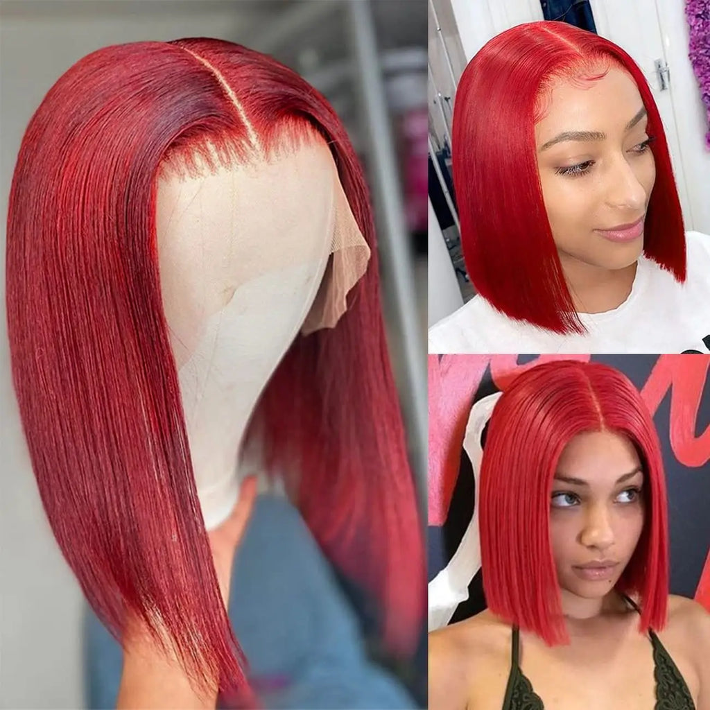 Straight Red Bob Human Hair Wig 13x4 HD Transparent Lace Frontal Wig 100% Human Hair Wig 2x6 4x4 Lace Closure Wig For Women