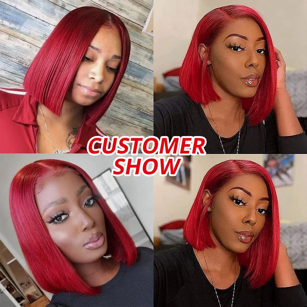 Straight Red Bob Human Hair Wig 13x4 HD Transparent Lace Frontal Wig 100% Human Hair Wig 2x6 4x4 Lace Closure Wig For Women
