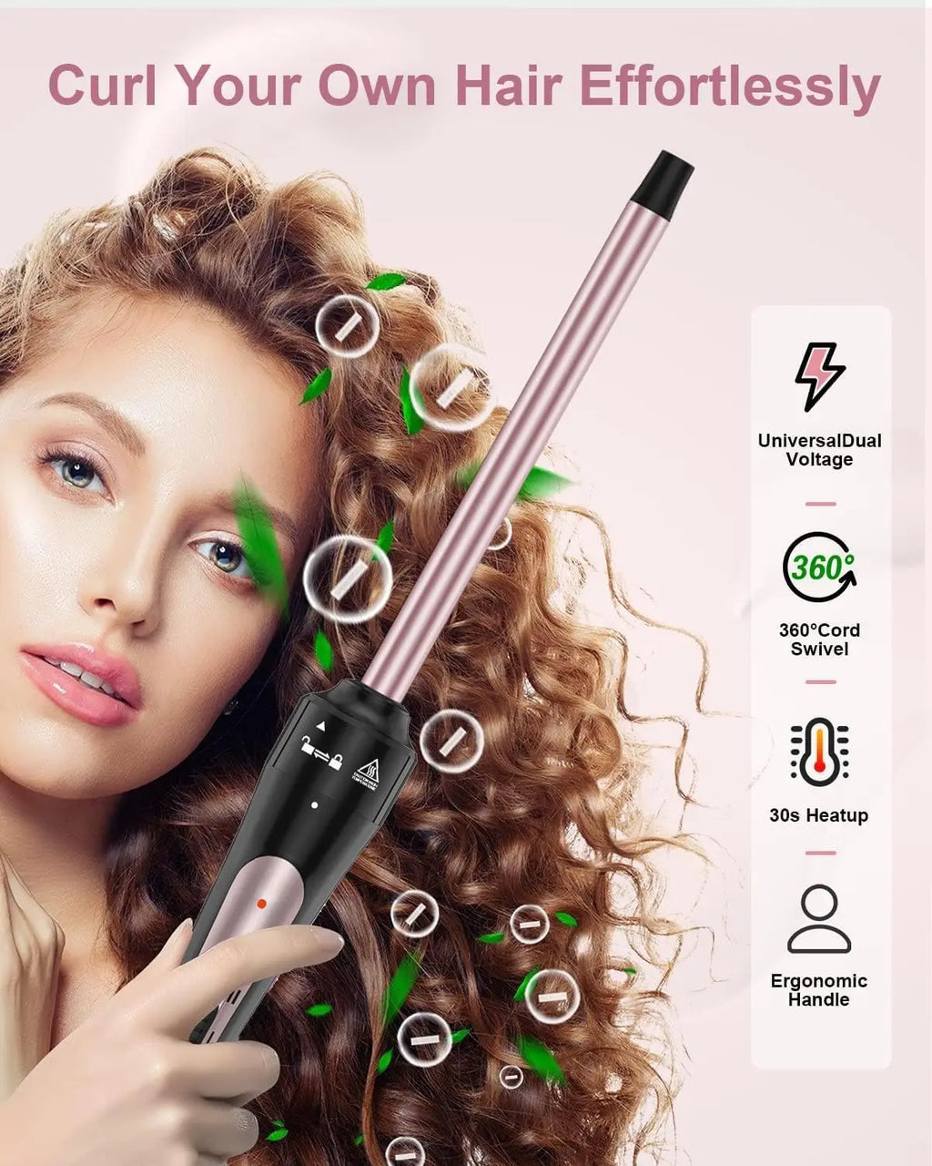 3/8 Inch Tourmaline Ceramic Curling Wand, Small Curling Iron for Short & Long Hair, 30S Instant Heat Up, 2 Temperature Settings,