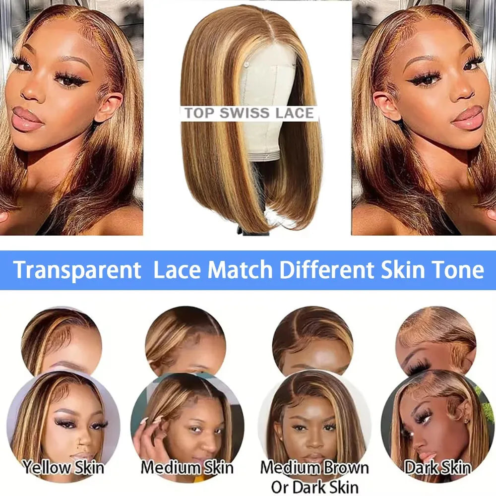 Highlight Bob Human Hair Wig 13x4 HD Transparent Lace Frontal Wig Straight P4/27 Bob Wig 2x6 4x4 HD Lace Closure Wig For Women