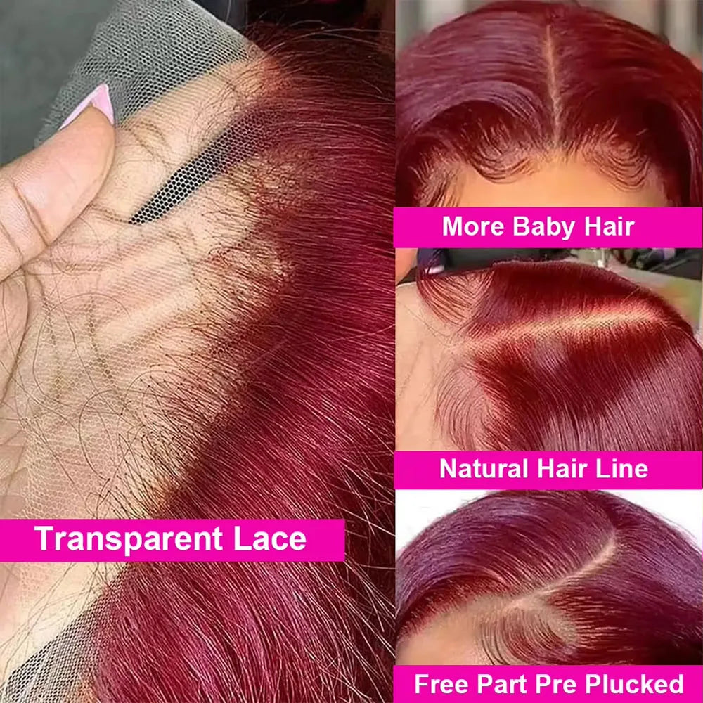 8-14 Inch 99J Burgundy Body Wave Bob Wig 13x4 Transparent Lace Frontal Wig 100% Brazilian Human Hair Wig 180 Density