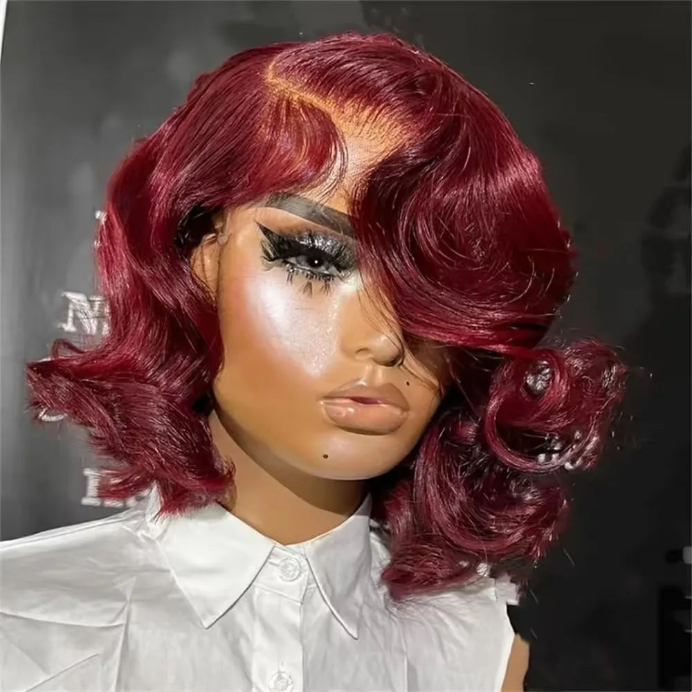 8-14 Inch 99J Burgundy Body Wave Bob Wig 13x4 Transparent Lace Frontal Wig 100% Brazilian Human Hair Wig 180 Density