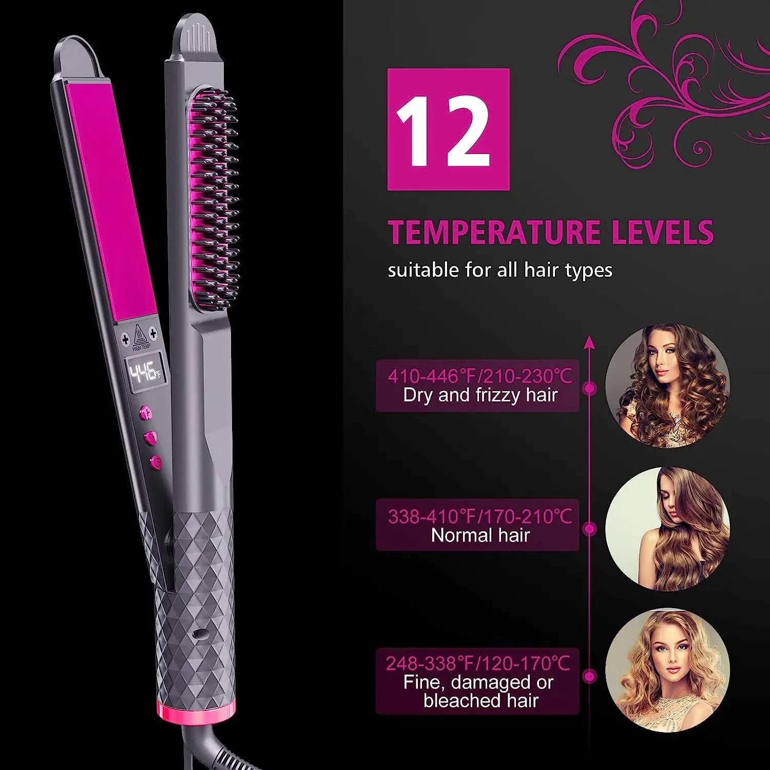 Women's 3-in-1 Hair Straightener Curling Flat Iron Electric Hot Comb Ceramic Ionic Fast Heating Hair Brush