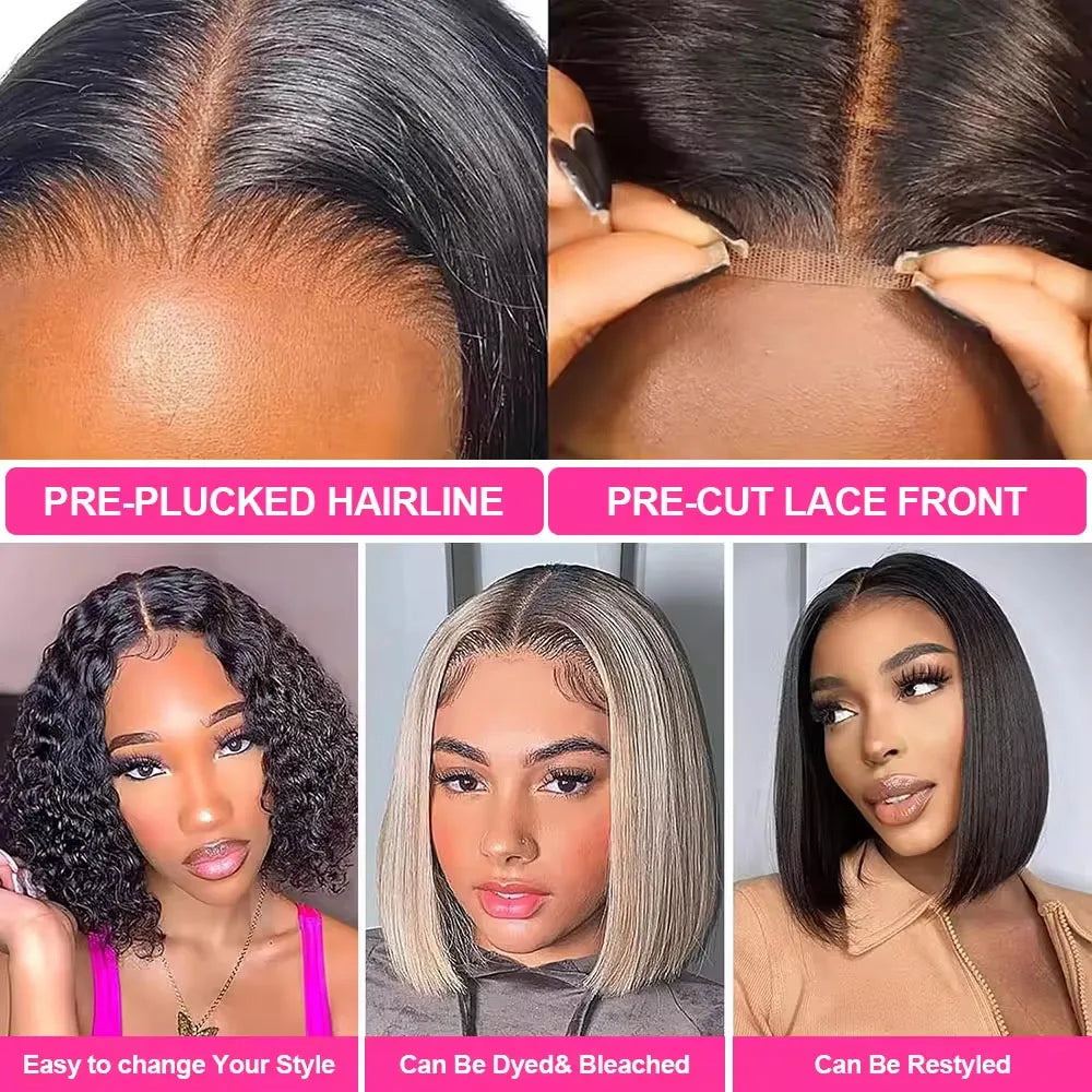 Straight Bob Wig 8-16 Inch Glueless Wig Wear And Go Bob Wigs 4x4 Lace Closure Wig 100% Human Hair Wig 200 Density For Women