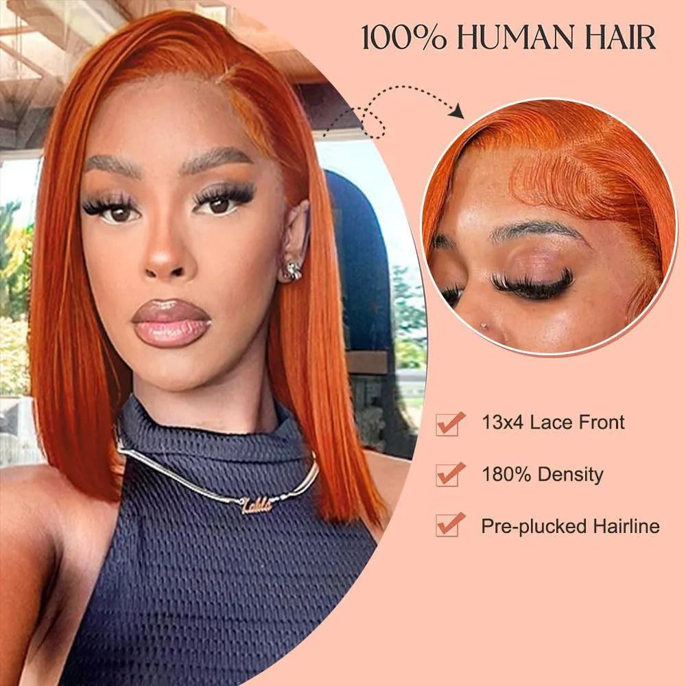Orange Bob Wig Human Hair 13x4 HD Lace Front Wigs Human Hair Pre Plucked with Baby Hair 180% Density 350# Colored For Women