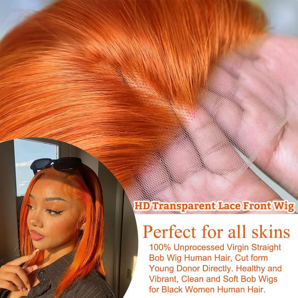 Orange Bob Wig Human Hair 13x4 HD Lace Front Wigs Human Hair Pre Plucked with Baby Hair 180% Density 350# Colored For Women