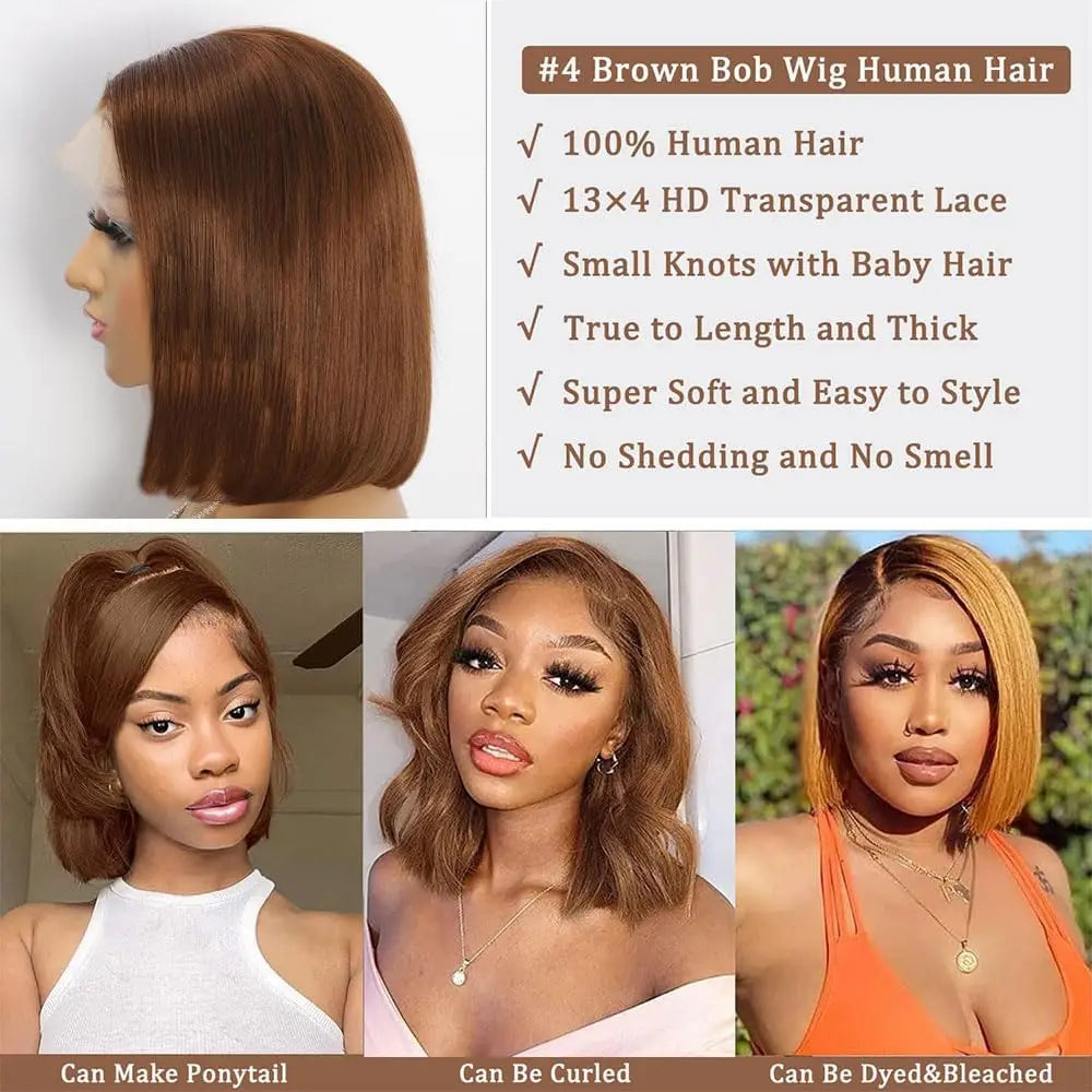 13X4 Bob Wig Bone Straight Bob Wig Lace Front Human Hair Wigs For Women Transparent Lace Frontal Wig 4# Chocolate Brown
